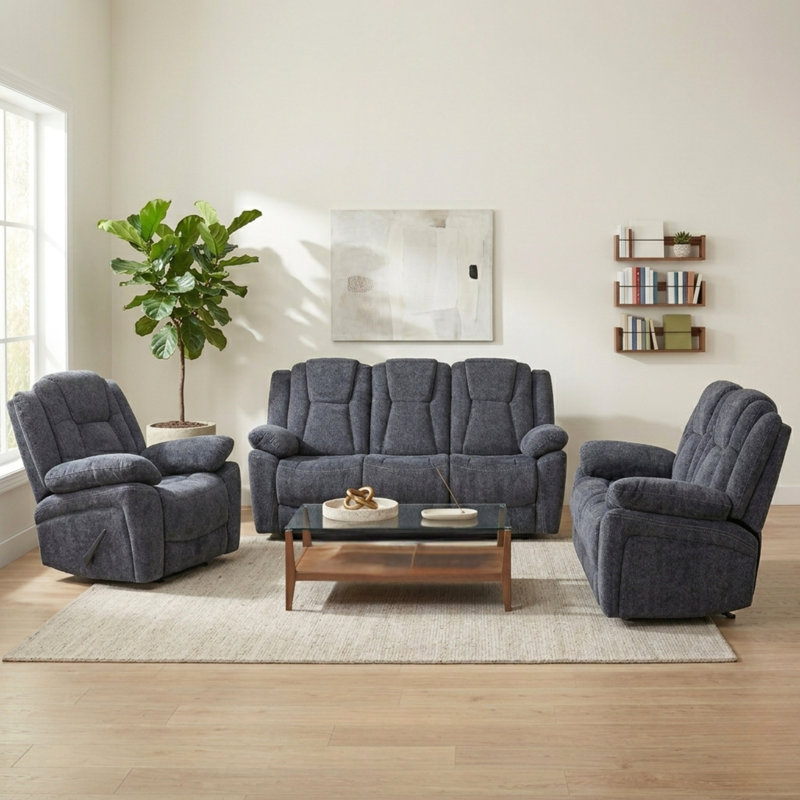 2-piece Dark Grey Upholstered Manual Reclining Sofa & Loveseat Set, 3 Pcs: Chair, Loveseat, Sofa