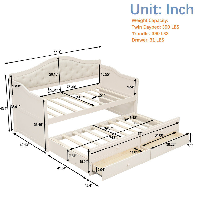 Guest Bed, Twin Daybed with Trundle and Storage Drawers, Beige