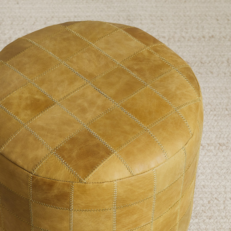 Archer 16.14"W Tufted Full-Grain Genuine Leather Upholstered Round Ottoman Footrest Pouf, Light Brown