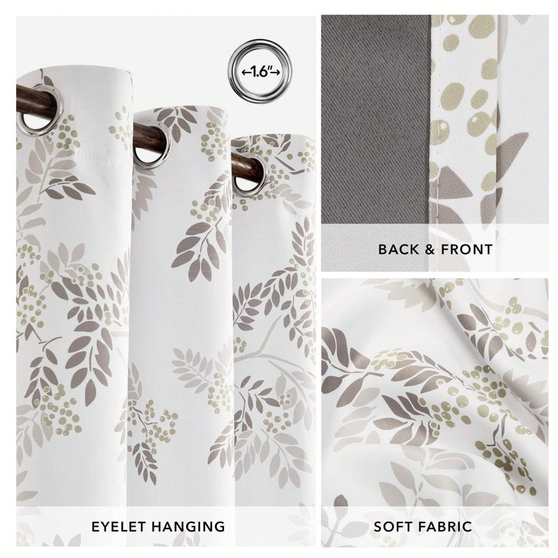 100% Blackout Noise Reducing Bouguet Pattern Printed Linen Grommets Top Curtain Panels (Set of 2), Khaki, 52" W x 84" L