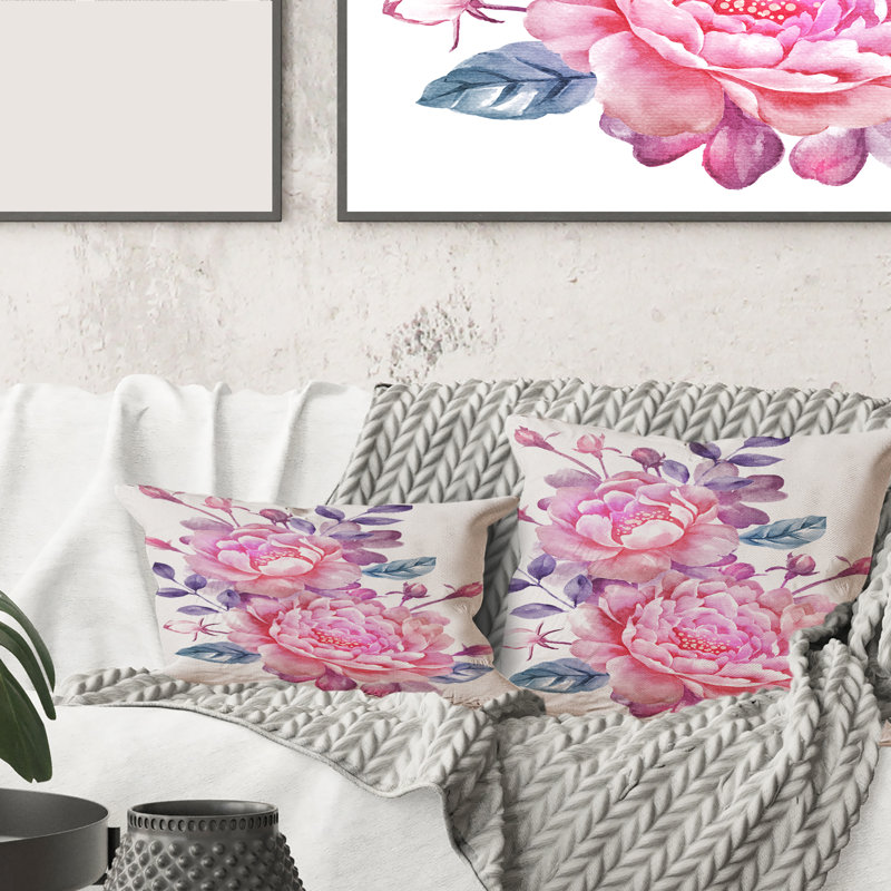 Carré, fleurs roses rétro avec feuilles bleues - coussin décoratif traditionnel imprimé, 16" x 16"