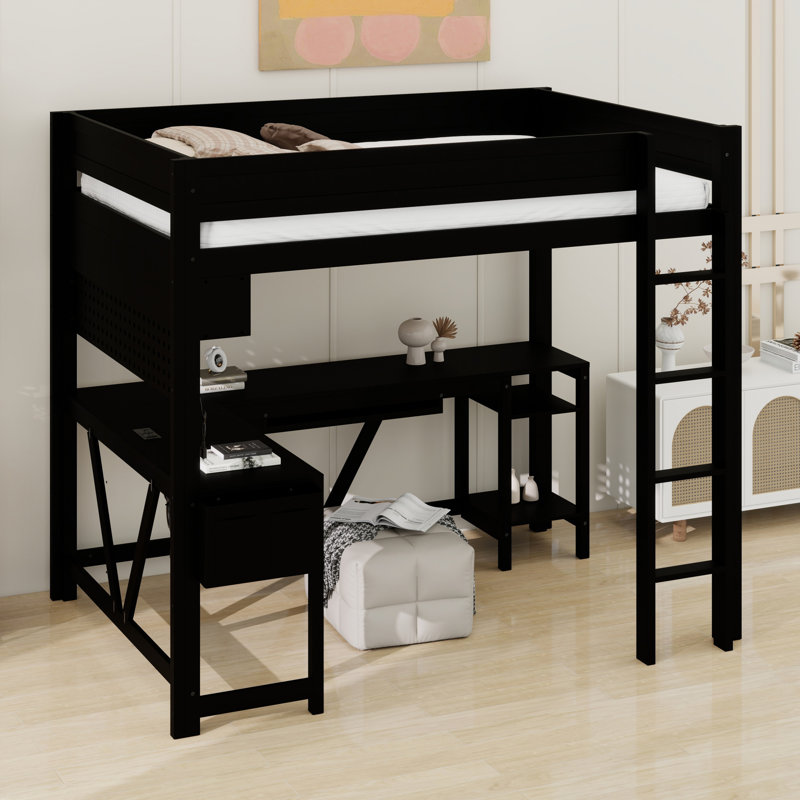 Lit mezzanine pour jouer peu encombrant avec bureau, tablettes, DEL et station de charge, Noir