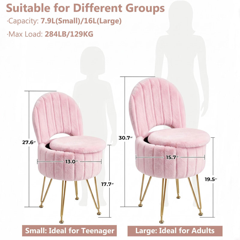 Tabouret de coiffeuse rond rose avec dossier et rangement dissimulé, chaise de maquillage pliable en fausse fourrure avec assise en mousse à mémoire de forme et structure en métal doré, petit modèle