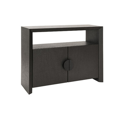 Two Door Console With Open Shelf In Black Painted Grasscloth With Black Oak Handles