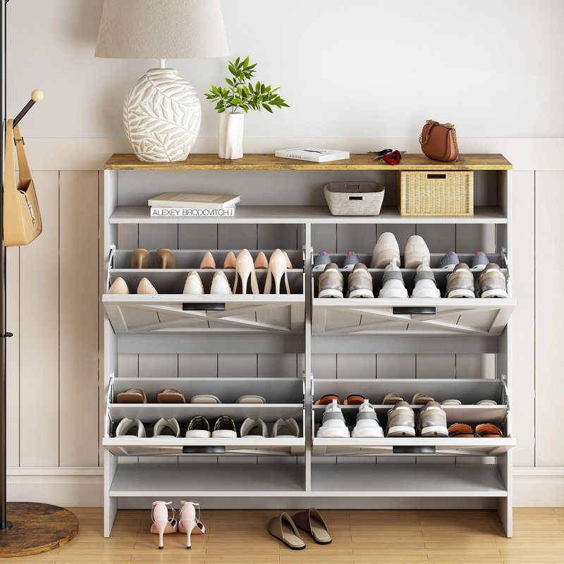 Armoire de rangement pour chaussures avec 4 tiroirs rabattables, étagère à chaussures anti-basculement pour entrée, blanc rustique