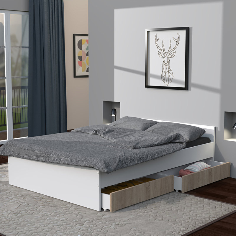 Giacobba Drawers Platform Bed, 140 x 190cm, White/Bleached Oak