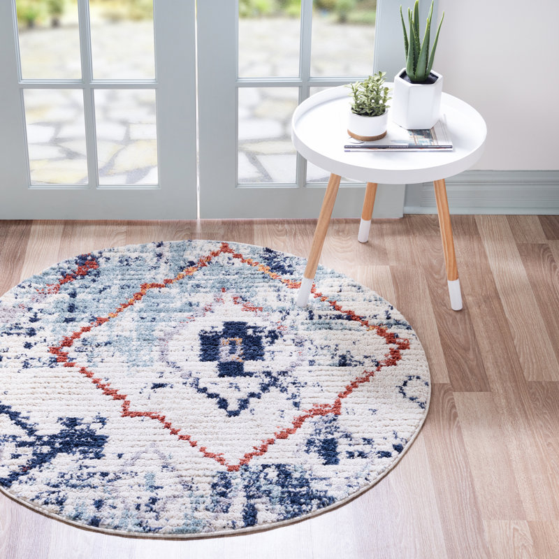 Tapis ivoire / bleu Southwestern, Rond 4 pi 1 po