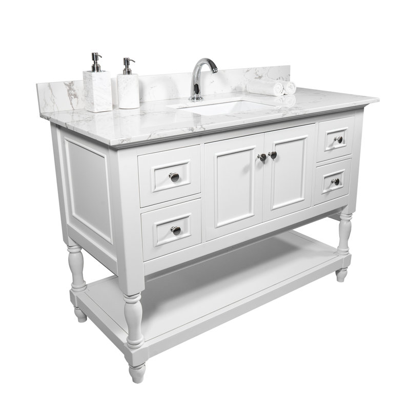 Dessus de meuble-lavabo de salle de bain 43X22 - Proche proximité en marbre blanc pierre d'ingénierie avec lavabo encastré en céramique rectangulaire et robinet à dosseret