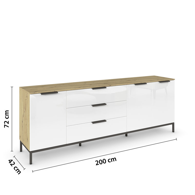 Flipp 3 Drawer 200Cm W Combo Dresser, Artisan Oak/White Glass/Graphite