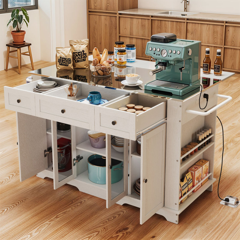 Bar de 51,5 po avec îlot de cuisine et comptoir en acier inoxydable avec prise de courant, tiroirs et supports multifonctionnels