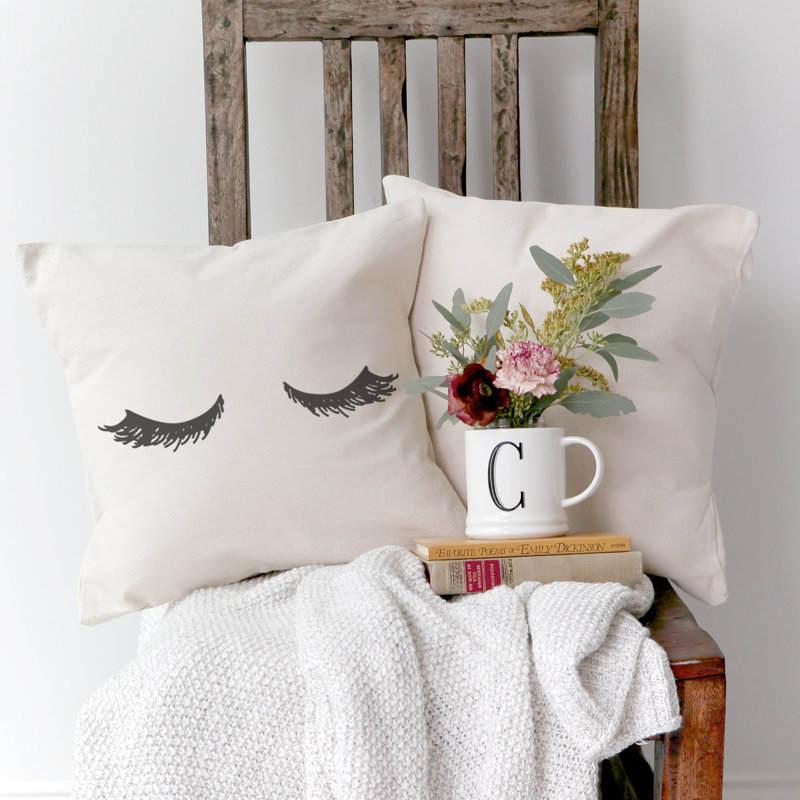 16'' Square Cotton Canvas Closed Eye Lashes Throw Pillow Cover