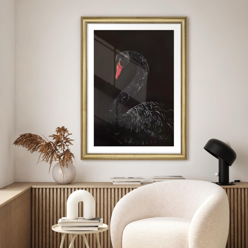 "Elegant Black Swan Portrait Graceful Minimalist Animal Illustration, décoration murale encadrée dorée", Oui