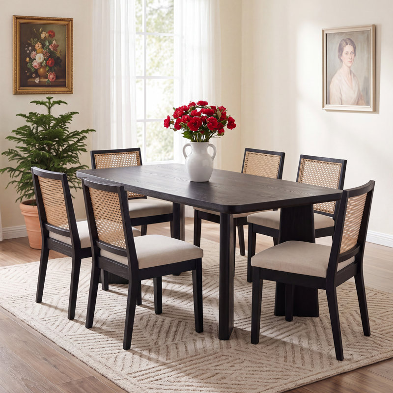 Dining Set Mid-Century Modern Wooden Table & Upholstered Chair Set For Home, Kitchen, Dining Room, 7 Pieces: Table, 6 Chairs