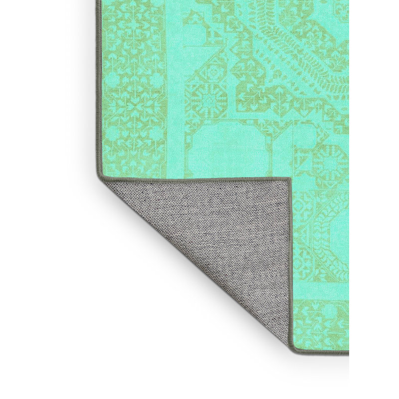 Tapis turquoise lavable à la machine Abstract 2607, Rectangle 8 pi x 12 pi