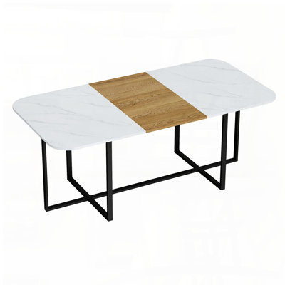 Table de salle à manger rectangulaire en faux marbre avec bande centrale grain de bois (8 places assises)