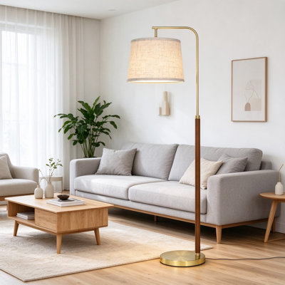 Wood Arc Floor Lamp, Mid Century Modern Standing Lamp with Adjustable Shade, Foot Switch and Color Temperatures, Vintage Tall Lamp for Living Room Bedroom Office Reading Corner, Bulb Included