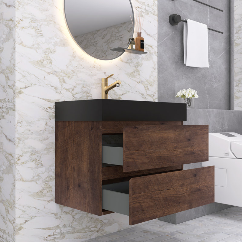 Ensemble de meuble-lavabo simple 30 po avec surface solide Lillyanah, Brun, Noir mat