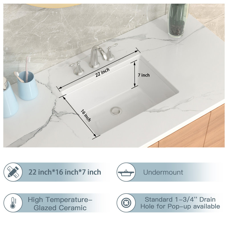 22" White Ceramic Rectangular Undermount Bathroom Sink