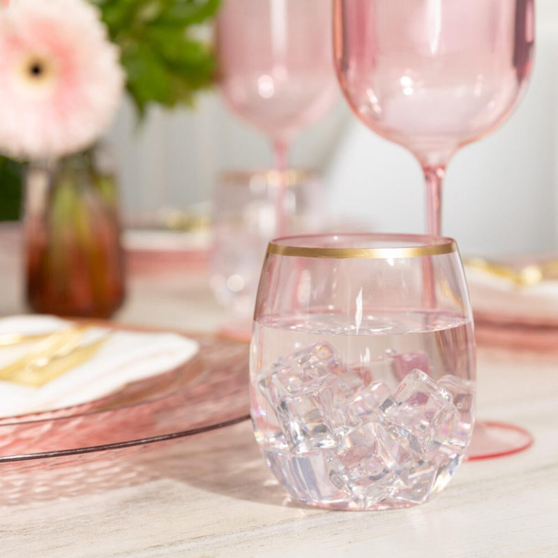 12 verres à vin sans pied en plastique rose avec bordure dorée 12 oz Ecoqualité