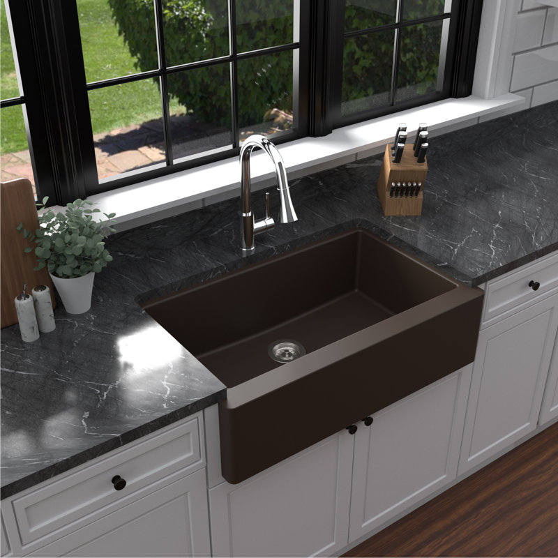 Karran Farmhouse/Apron-Front Quartz Composite 34'' X 21-1/4'' Single Bowl Kitchen Sink, Matte Brown