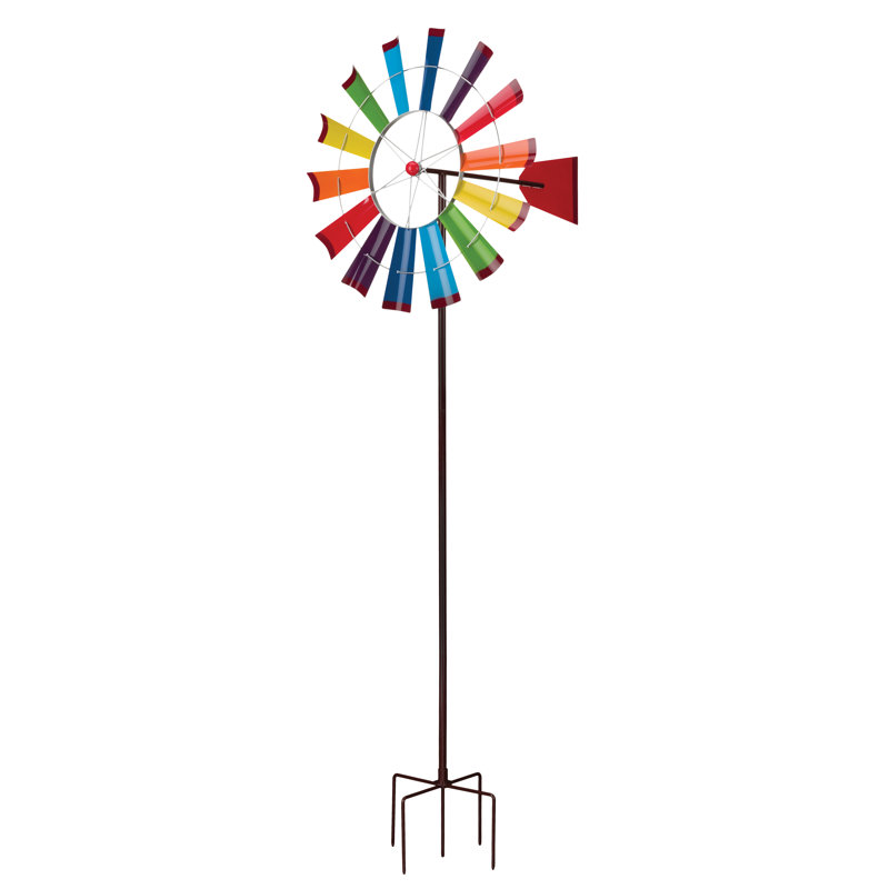 77" Metal Outdoor Garden Wind Spinner with Powder Coated Finish and Five Prong Ground Stake - Rainbow, Rainbow