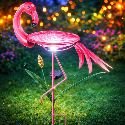 Bain solaire d'oiseaux en verre Flamingo, bains d'oiseaux en verre, bol à mangeoires d'oiseaux en verre avec piquet en métal et décorations de flamant pour l'extérieur