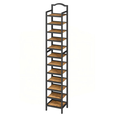 12-Tier Tall Shoe Rack, Vertical Shoe Organizer, Wooden Shoe Shelf for Entryway, Holds 12 Pairs of Shoes, Rustic Brown and Black