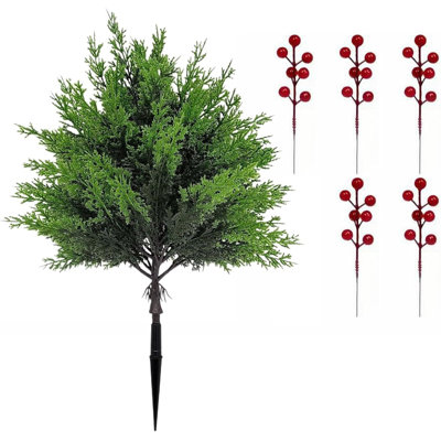 Christmas Artificial   Branches With Red Berry Stems Faux Norfolk  Leaves Fake Foliage  Needles Picks For DIY Christmas Garland Crafting  Decor