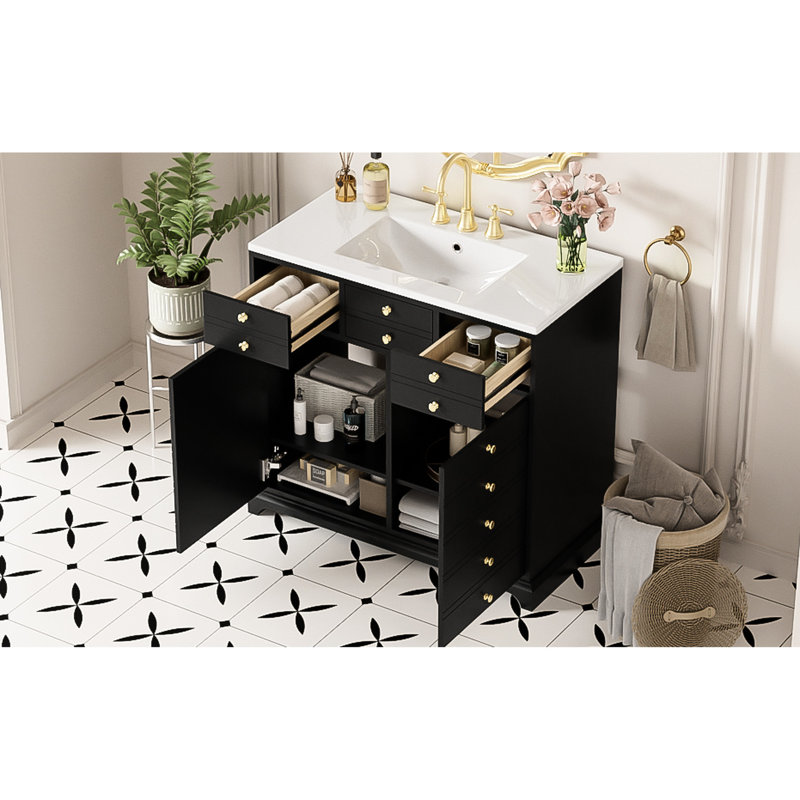 Meuble-lavabo de 36 po avec lavabo en céramique et bois massif