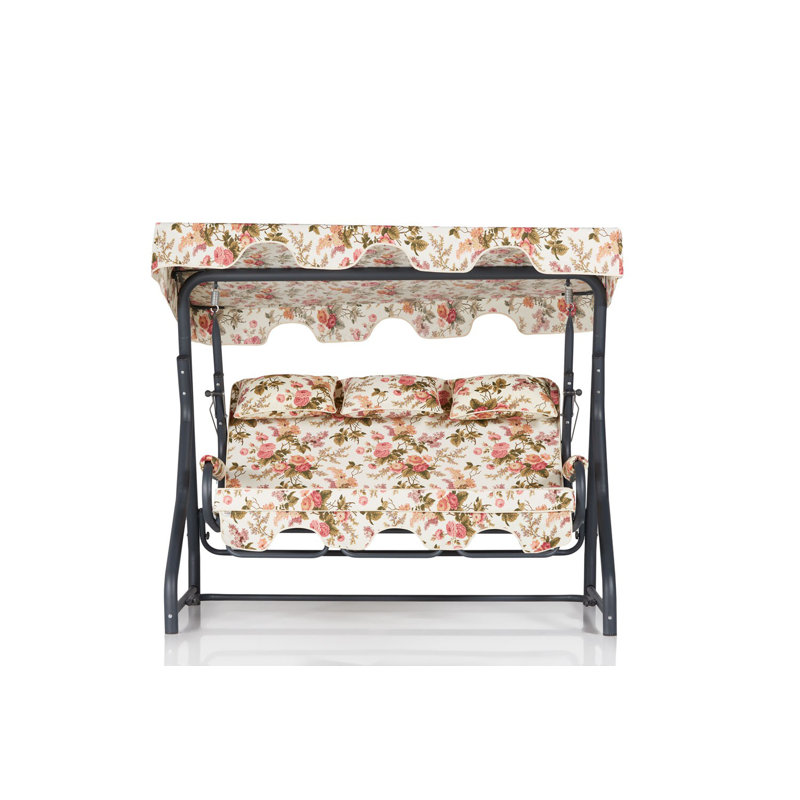 Triple balancelle Traditional Garden, structure 100% métal, 200 x 65,0 x 43,3 pouces | Tissu 100% polyester, facile à nettoyer, 18 coussins en mousse, capacité: 529 lb | Coussins amovibles, conception florale élégante pour la détente en plein air