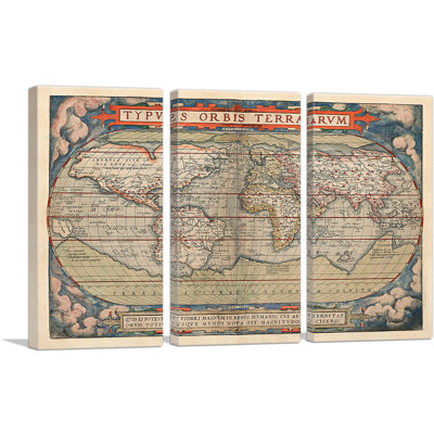 «Ortelius World Map 1570» par Abraham Ortelius, ensemble de 3 reproductions d'art graphique sur toile tendue