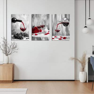 Red Wine Pouring With Grapes Roses And Candle Canvas Wrapped Wall Art Oil Painting Print Set Of 3 For Living Room Bedroom Or Kitchen Decor