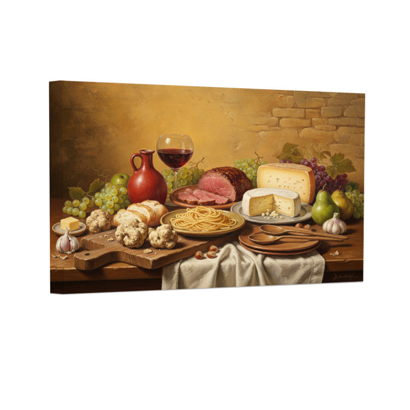 Mode nature morte avec nourriture et vin, H 16 po x l 24 po