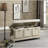 Solid Wood Bench With White Distressed Finish And Beige Upholstered Cushion Foam Seat Textured Upholstery In-1667608749
