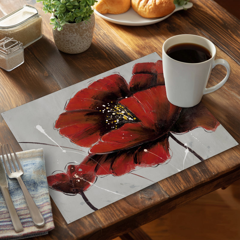 Napperon gris floral en polyester | Décoration de coquelicots rouges