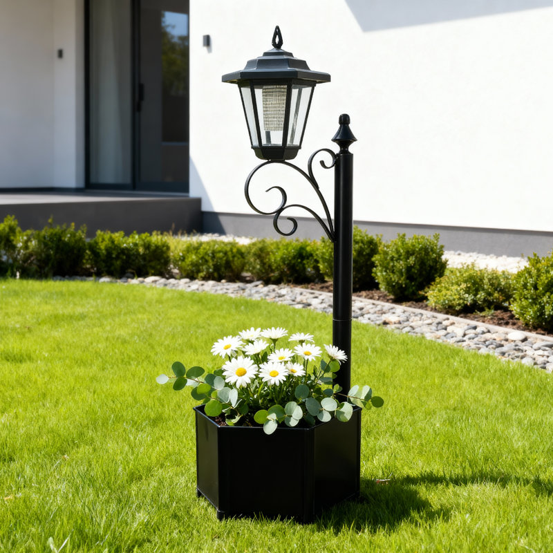 29-inch Black Solar-powered Led Garden Light Post With Planter, Automatic Dusk To Dawn Sensor For Yard, Patio, And Pathway
