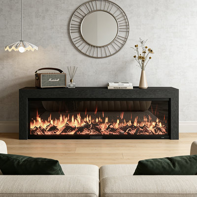 78.74" Italian-Style Minimalist Black Oak Finish Fireplace TV Console with 3D Simulated LED Flame and Heating Function