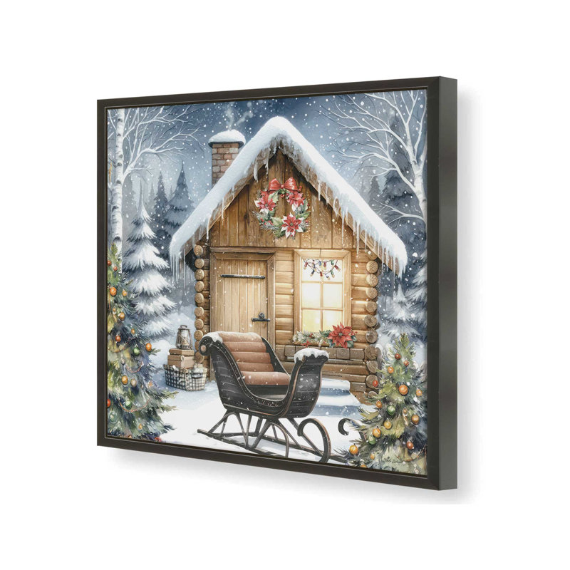 «Christmas Cabin with Sleigh» par Nicole DeCamp, reproduction d'art, H 37,5 po x l 37,5 po, Noir, Impression encadrée