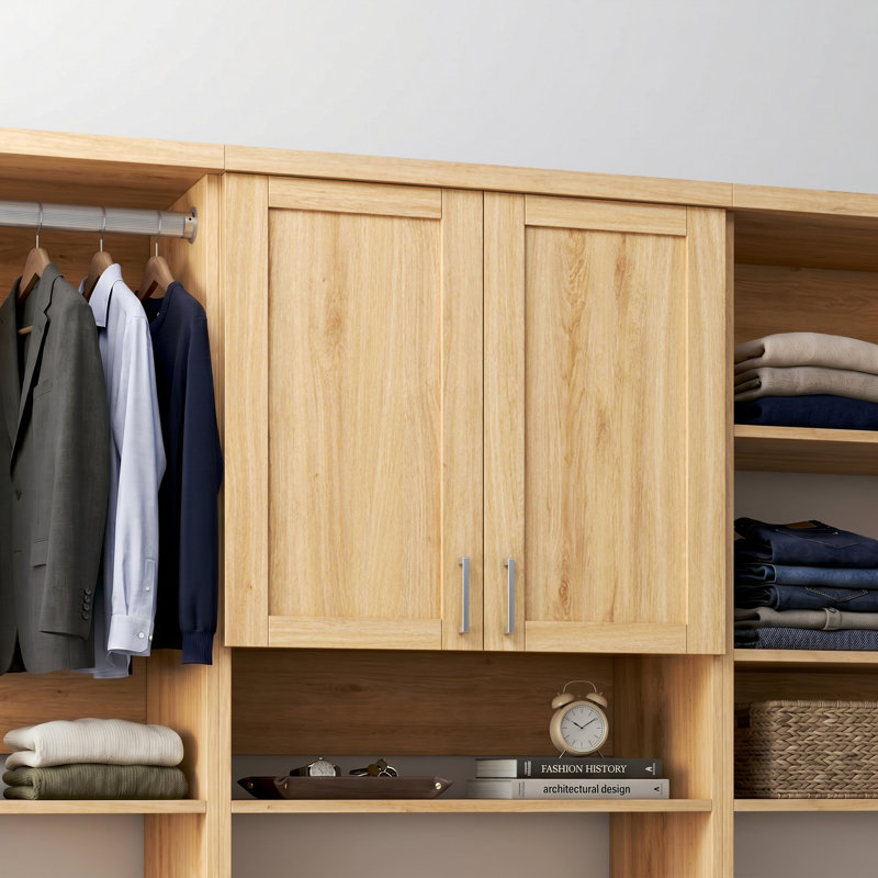 Natural Oak 102" Wall-Mounted Single Wall Closet System with 4 Sections, Shaker Doors, 5 Clothing Rods & 8 Shelves, 102