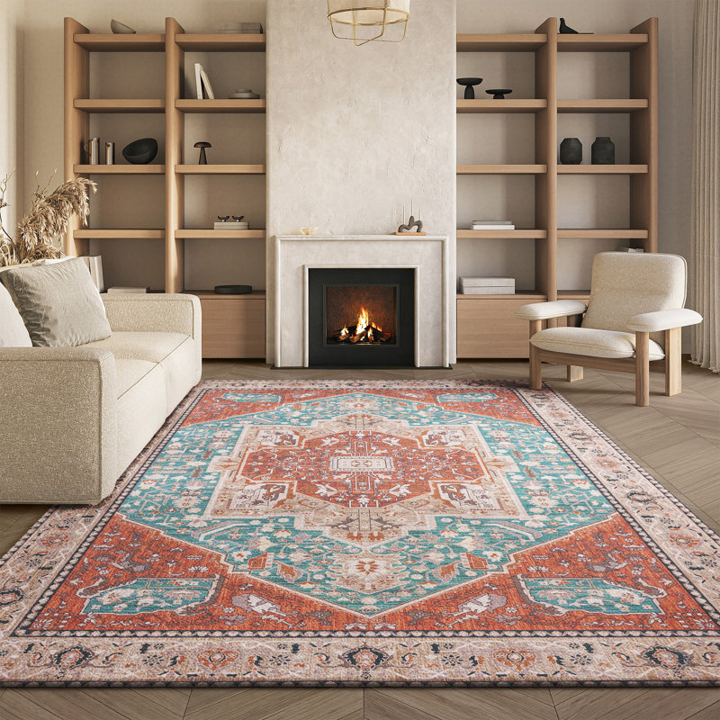 Tapis oriental turquoise / rouille Pashen, Rectangle 2 pi 6 po x 4 pi