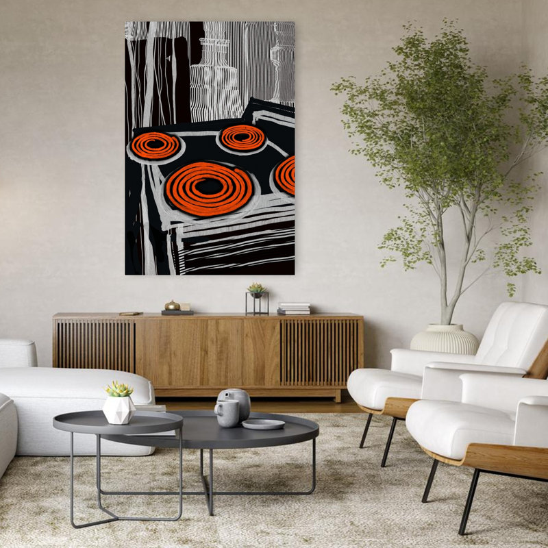 «Orange Stovetop Spirals», art mural abstrait contemporain audacieux, H 48 po x l 32 po