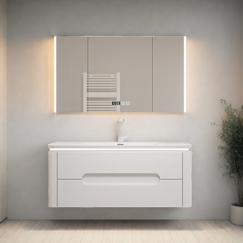 Armoire de salle de bain minimaliste de style crème, Blanc cassé / blanc