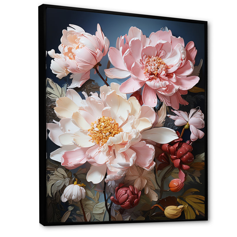 Art pivoines roses sur fond de fleurs sur toile, Cadre flottant noir, H 32 po x l 24 po x P 1 po