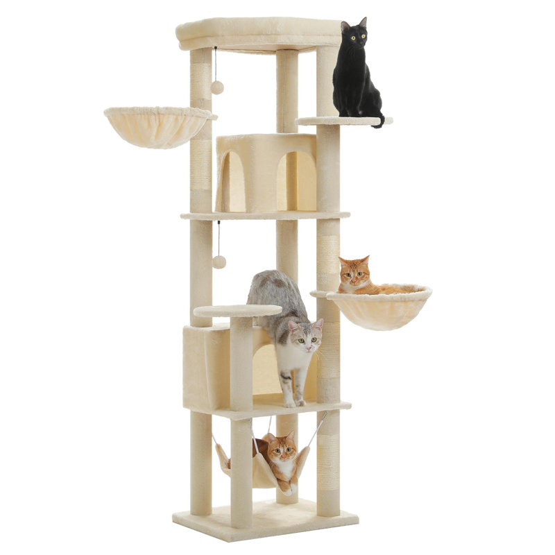 Tour pour chat de 71 pouces à plusieurs niveaux avec 2 appartements spacieux, 3 hamacs, très grand perchoir sur le toit et 2 balles en peluche