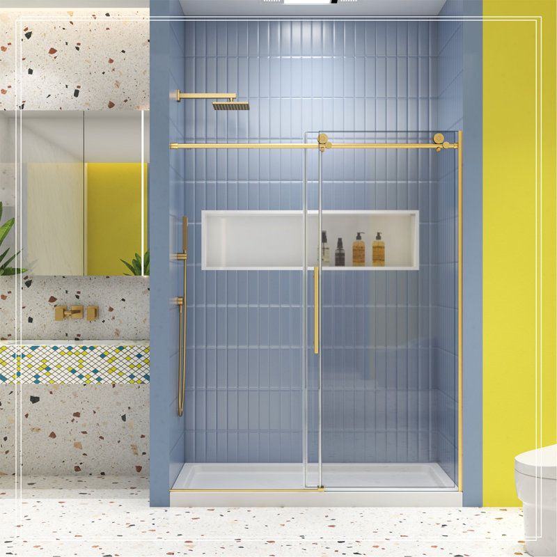 Porte de douche en verre, porte coulissante, système de fermeture en douceur, avec verre trempé de 5/16 po 56-60 po x 74 po