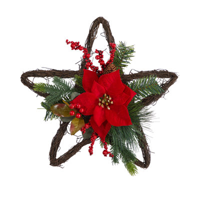 Holiday Christmas Poinsettia Star Twig Wreath