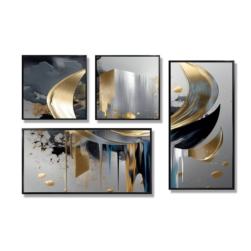 «Abstract Shapes And Lines I», reproduction d'art sur toile 4 pièces, Impression encadrée sans passe-partout, Noir