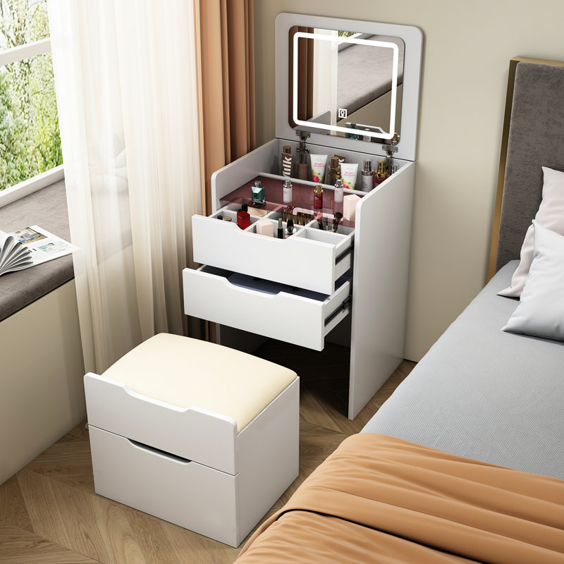 Coiffeuse moderne avec miroir intégré, plateau en verre et rangement rabattable pratique pour la chambre à coucher