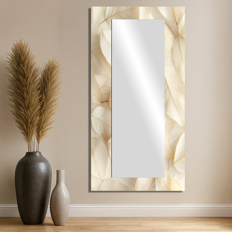 Ivoire à feuilles et collage II - Miroir mural décoratif floral - imprimé sur métal, 28 po x 55 po
