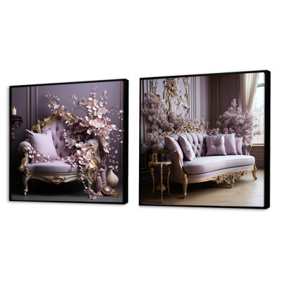 Canapé lilas orné d'accents dorés - ensemble de 2 collages carrés lilas